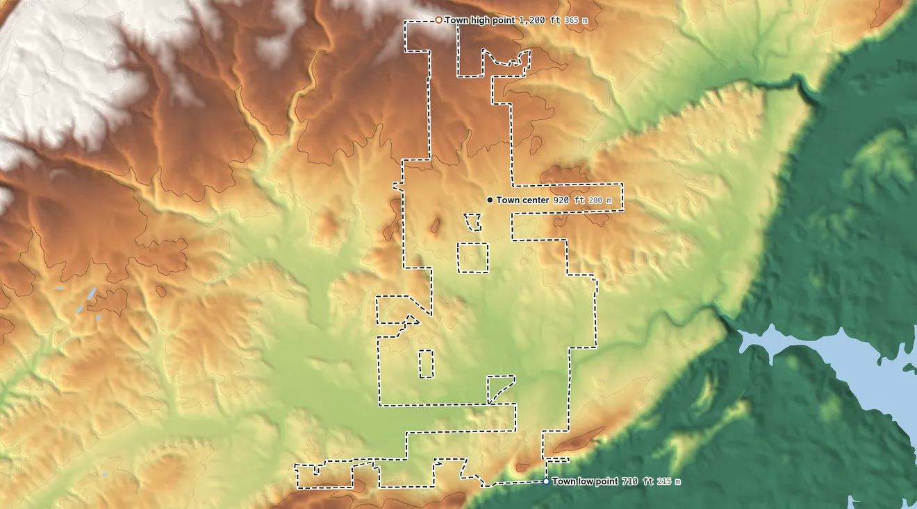 Topographic elevation map of Sand Rock, Alabama, shaded from 710 ft on the south side to 1,200 ft on the north side