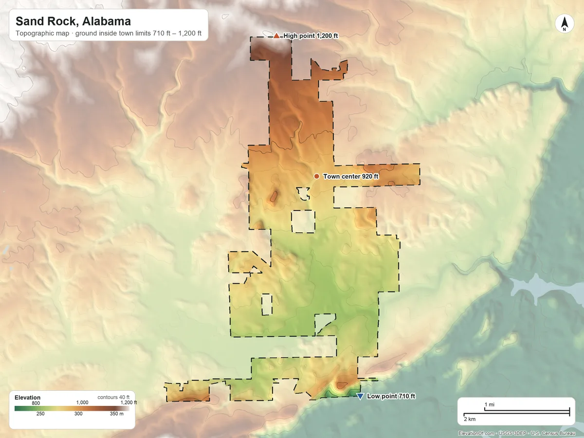 Topographic elevation map of Sand Rock, Alabama, shaded from 710 ft on the south side to 1,200 ft on the north side