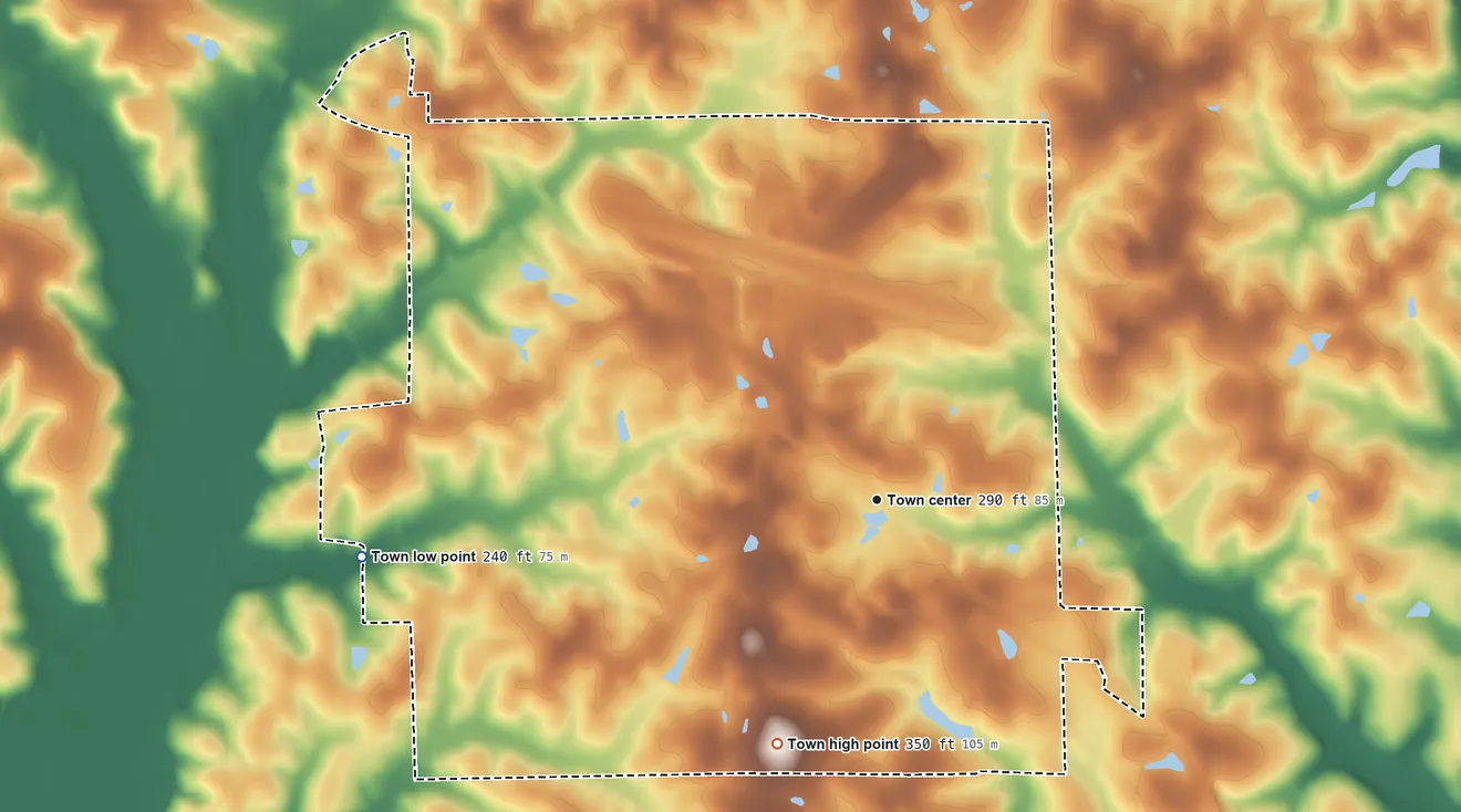 Topographic elevation map of Sanford, Alabama, shaded from 240 ft on the west side to 350 ft on the south side