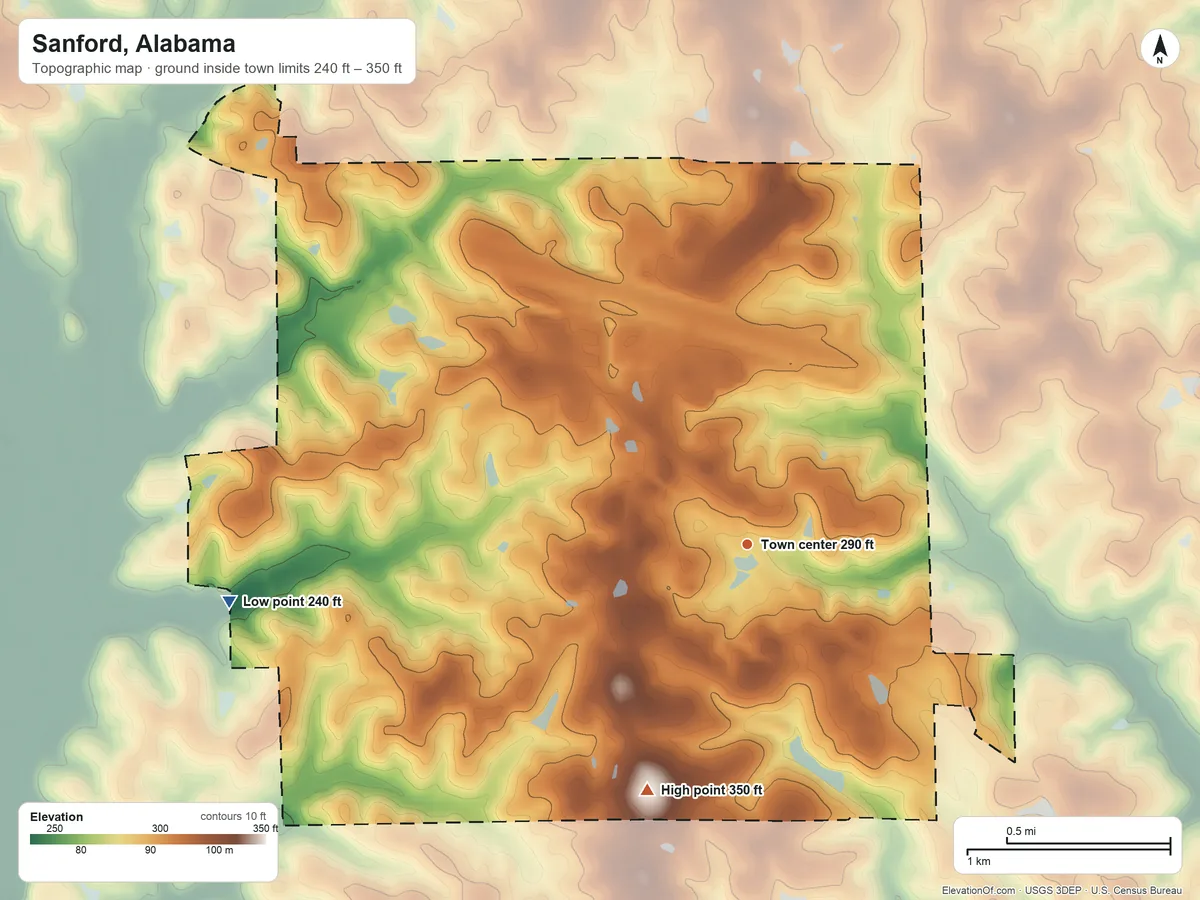 Topographic elevation map of Sanford, Alabama, shaded from 240 ft on the west side to 350 ft on the south side