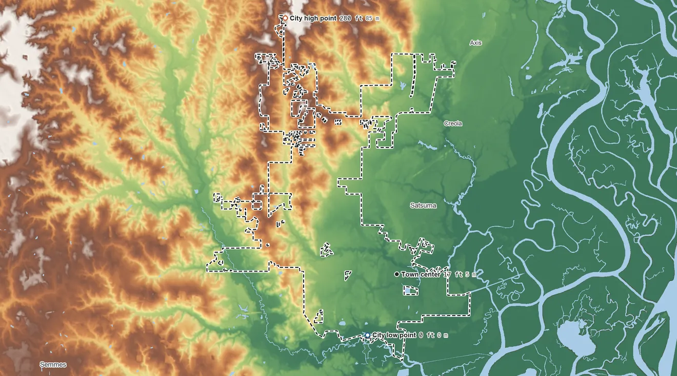 Topographic elevation map of Saraland, Alabama, shaded from 0 ft on the southwest side to 280 ft on the northwest side