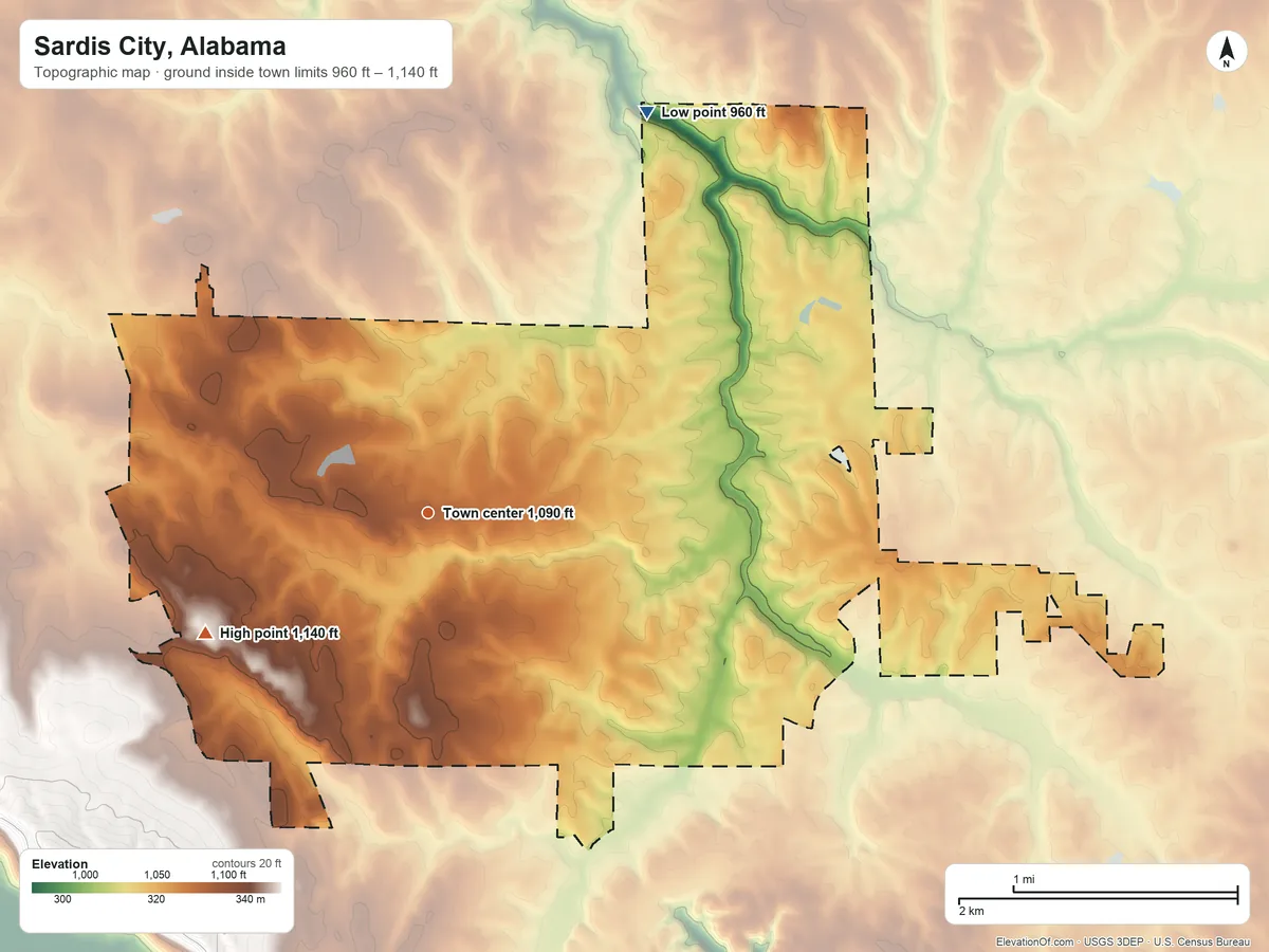 Topographic elevation map of Sardis City, Alabama, shaded from 960 ft on the northeast side to 1,140 ft on the southwest side