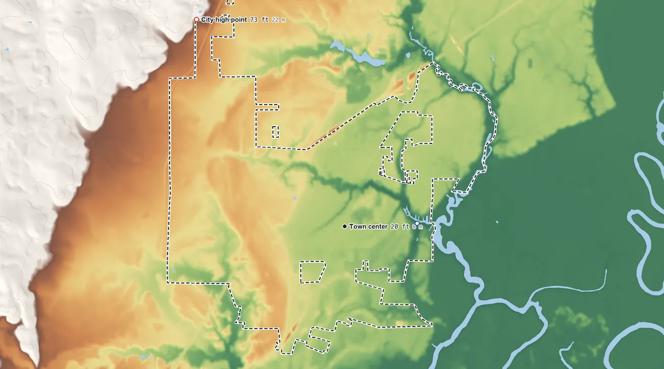 Topographic elevation map of Satsuma, Alabama, shaded from 0 ft on the east side to 73 ft on the northwest side