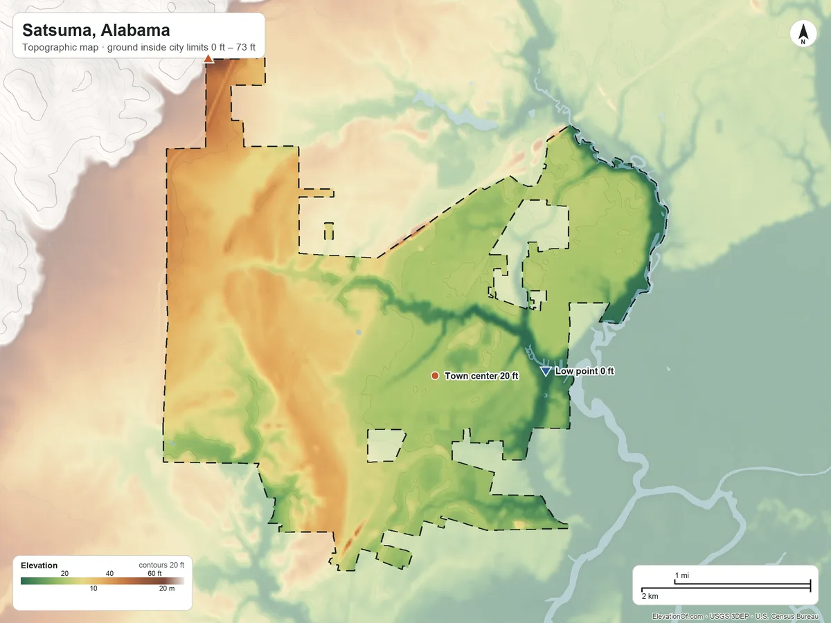 Topographic elevation map of Satsuma, Alabama, shaded from 0 ft on the east side to 73 ft on the northwest side
