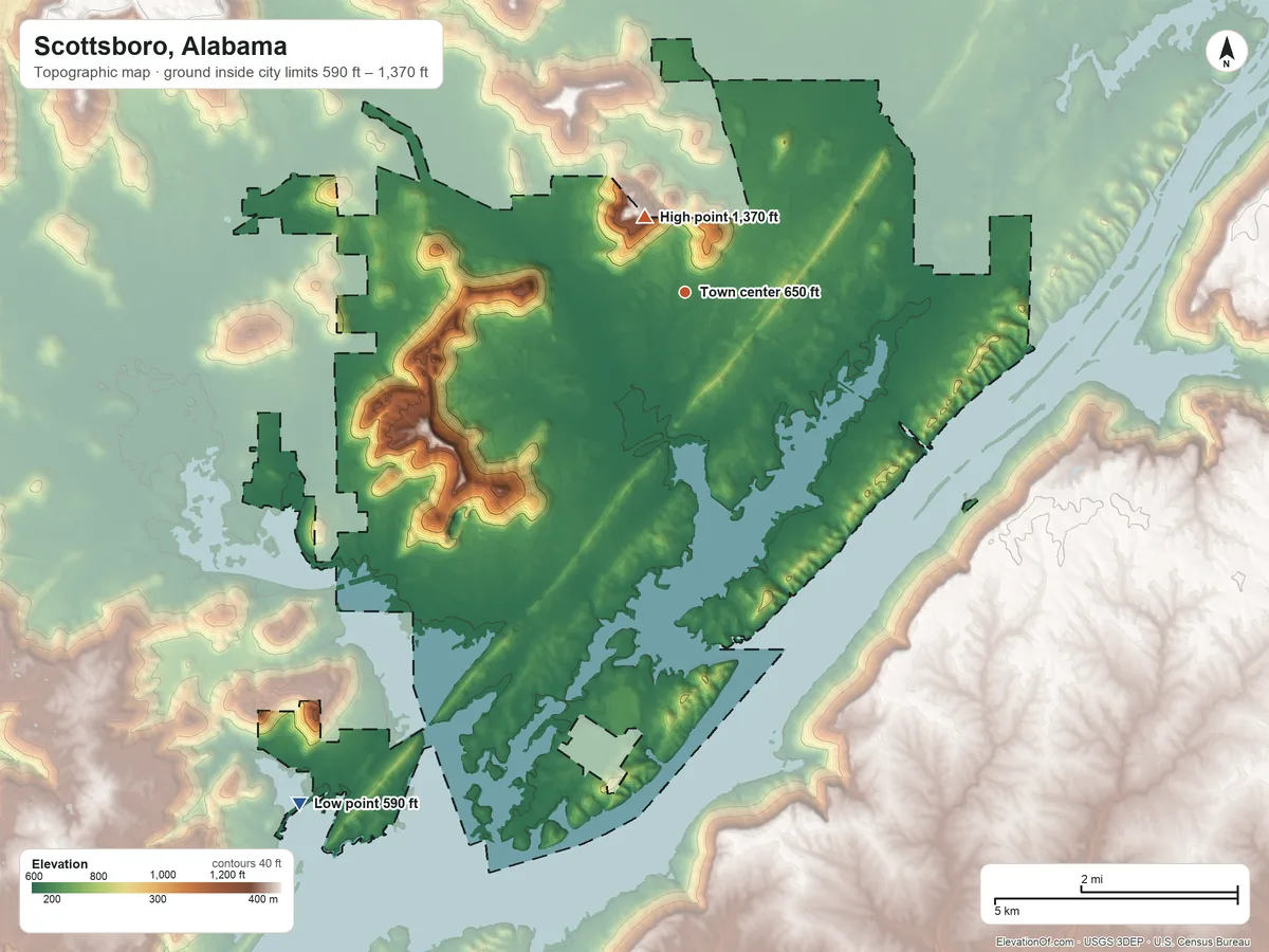 Topographic elevation map of Scottsboro, Alabama, shaded from 590 ft on the southwest side to 1,370 ft near the middle