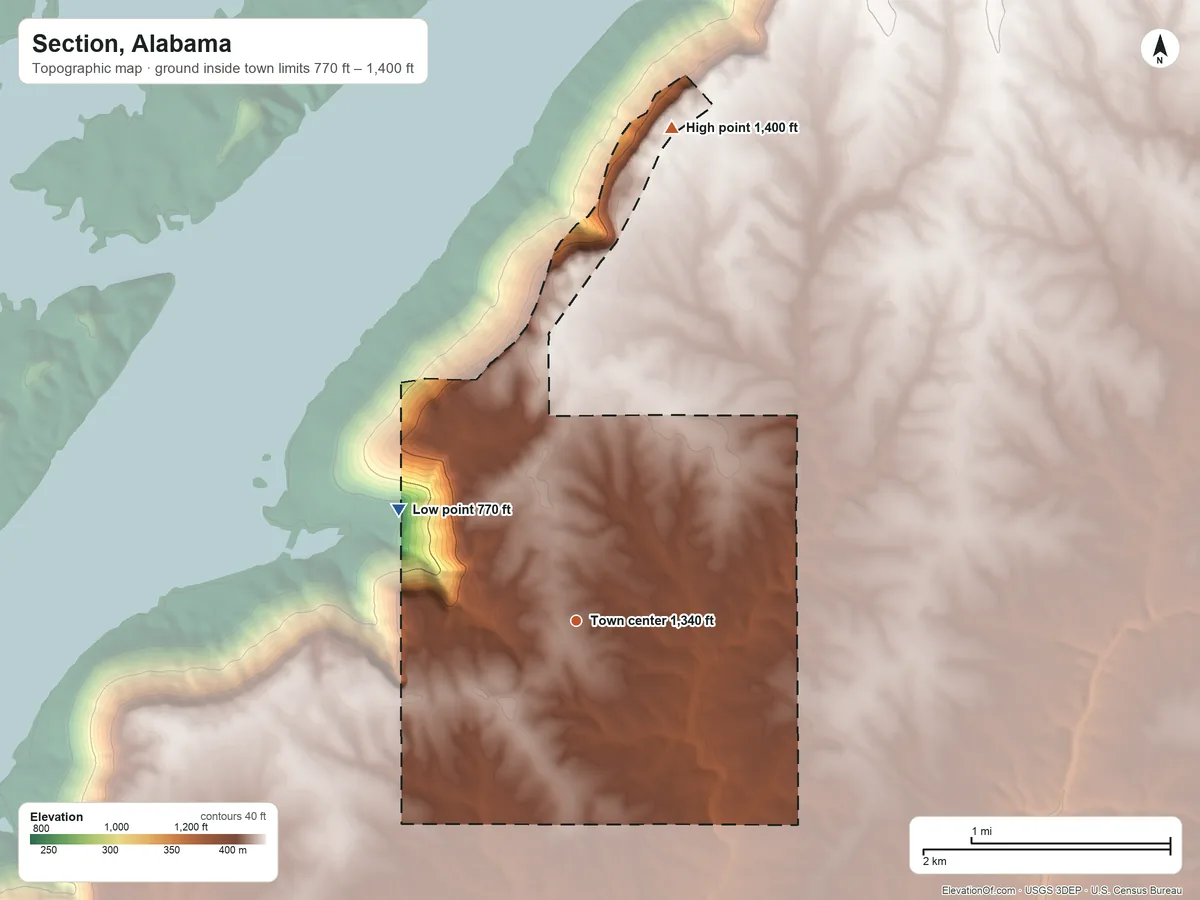 Topographic elevation map of Section, Alabama, shaded from 770 ft on the northwest side to 1,400 ft on the north side