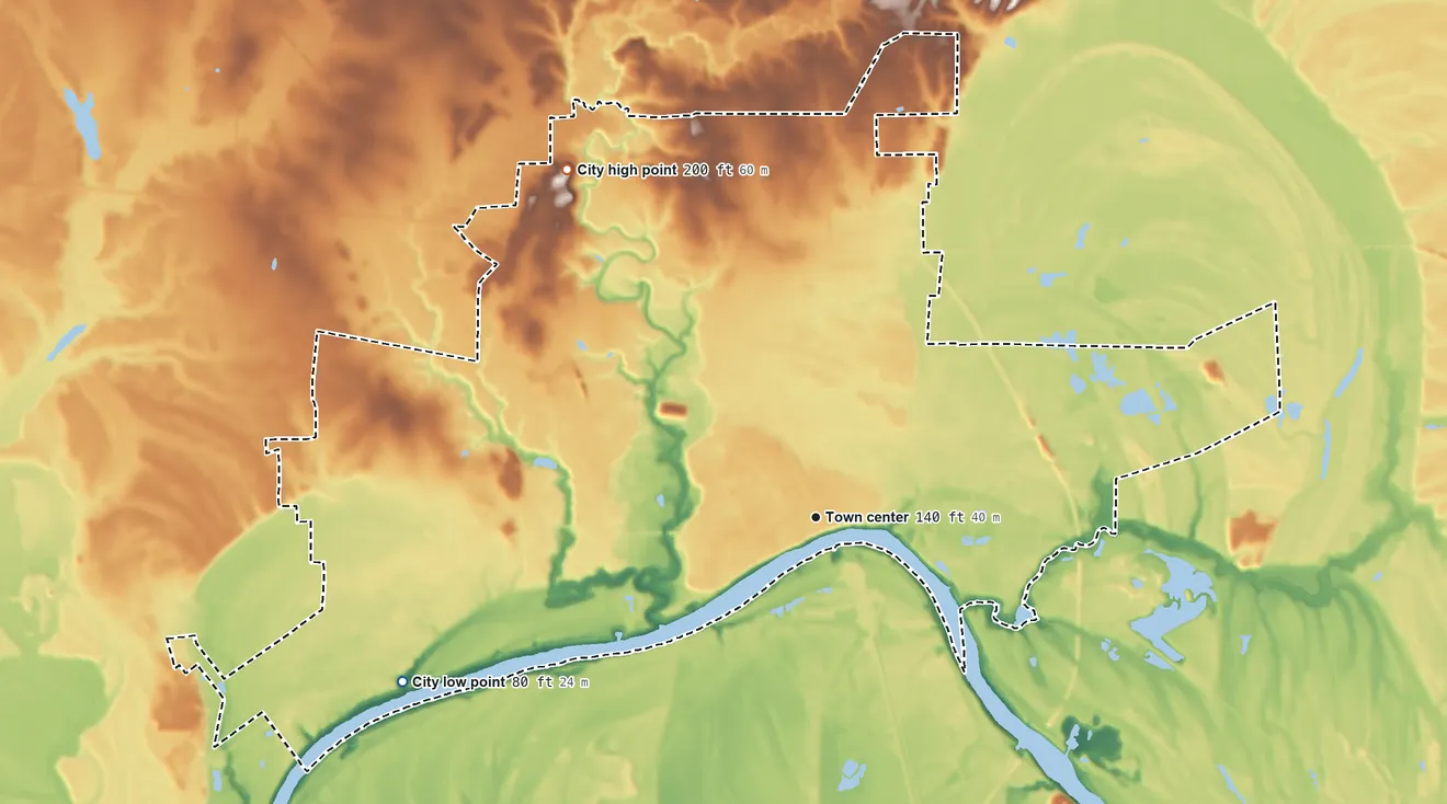 Topographic elevation map of Selma, Alabama, shaded from 80 ft on the west side to 200 ft on the northwest side