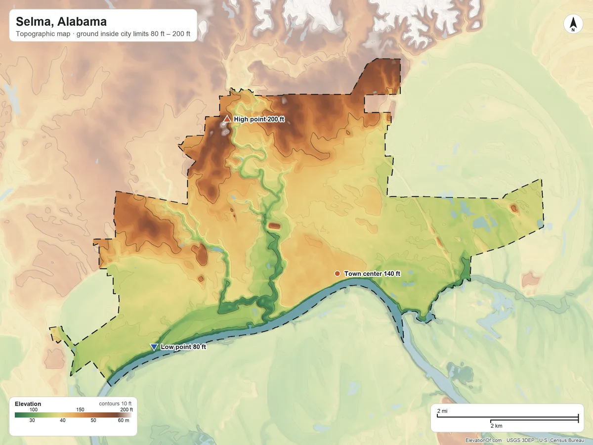 Topographic elevation map of Selma, Alabama, shaded from 80 ft on the west side to 200 ft on the northwest side