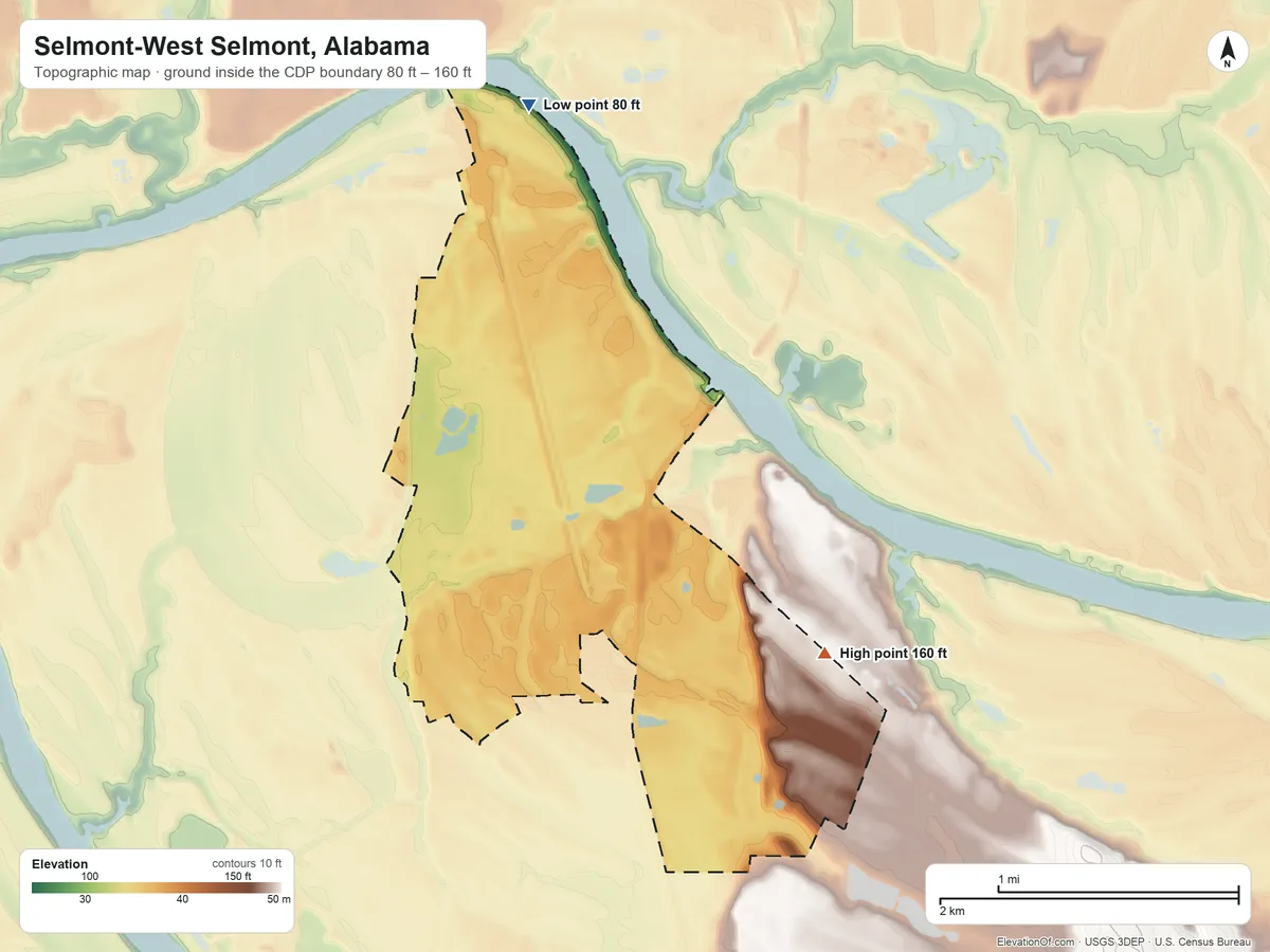 Topographic elevation map of Selmont-West Selmont, Alabama, shaded from 80 ft on the north side to 160 ft on the southeast side