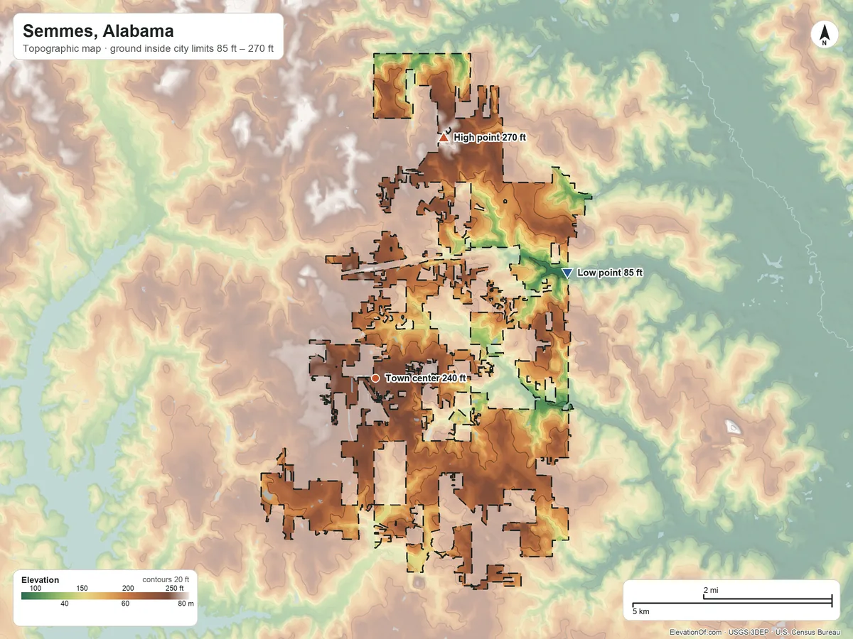Topographic elevation map of Semmes, Alabama, shaded from 85 ft on the northeast side to 270 ft on the north side