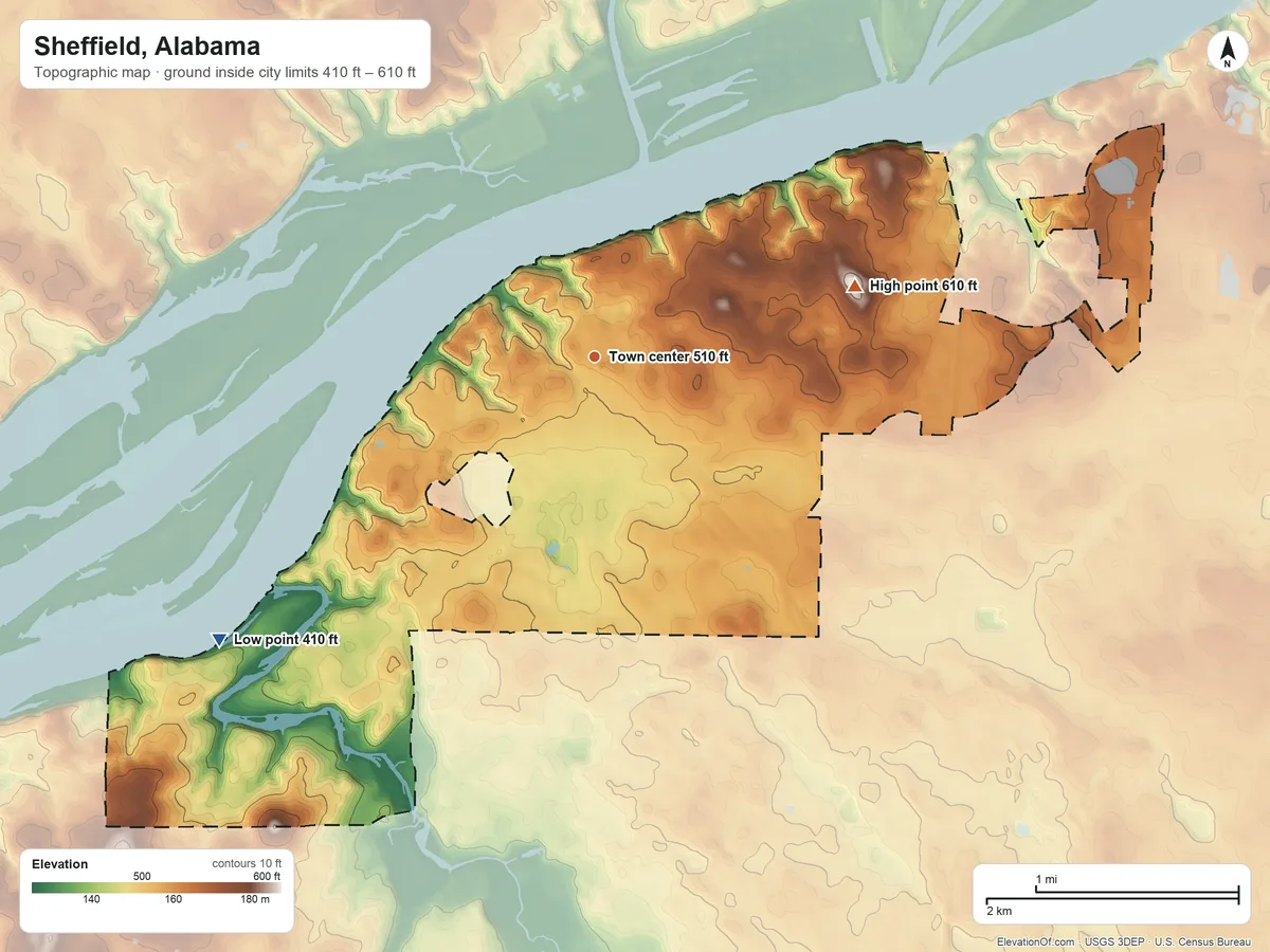 Topographic elevation map of Sheffield, Alabama, shaded from 410 ft on the southwest side to 610 ft on the east side