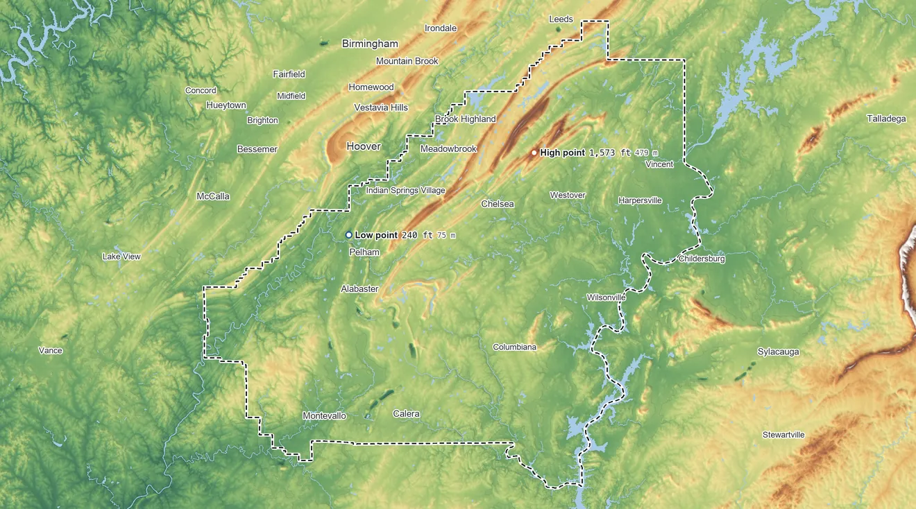 Topographic elevation map of Shelby County, Alabama, shaded from 240 ft on the west side to 1,573 ft on Signal Mountain