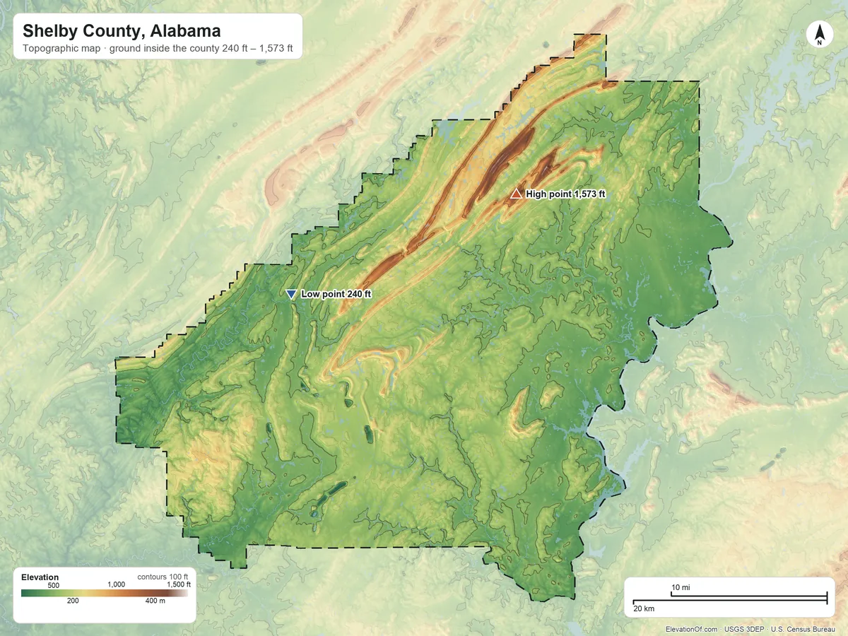 Topographic elevation map of Shelby County, Alabama, shaded from 240 ft on the west side to 1,573 ft on Signal Mountain