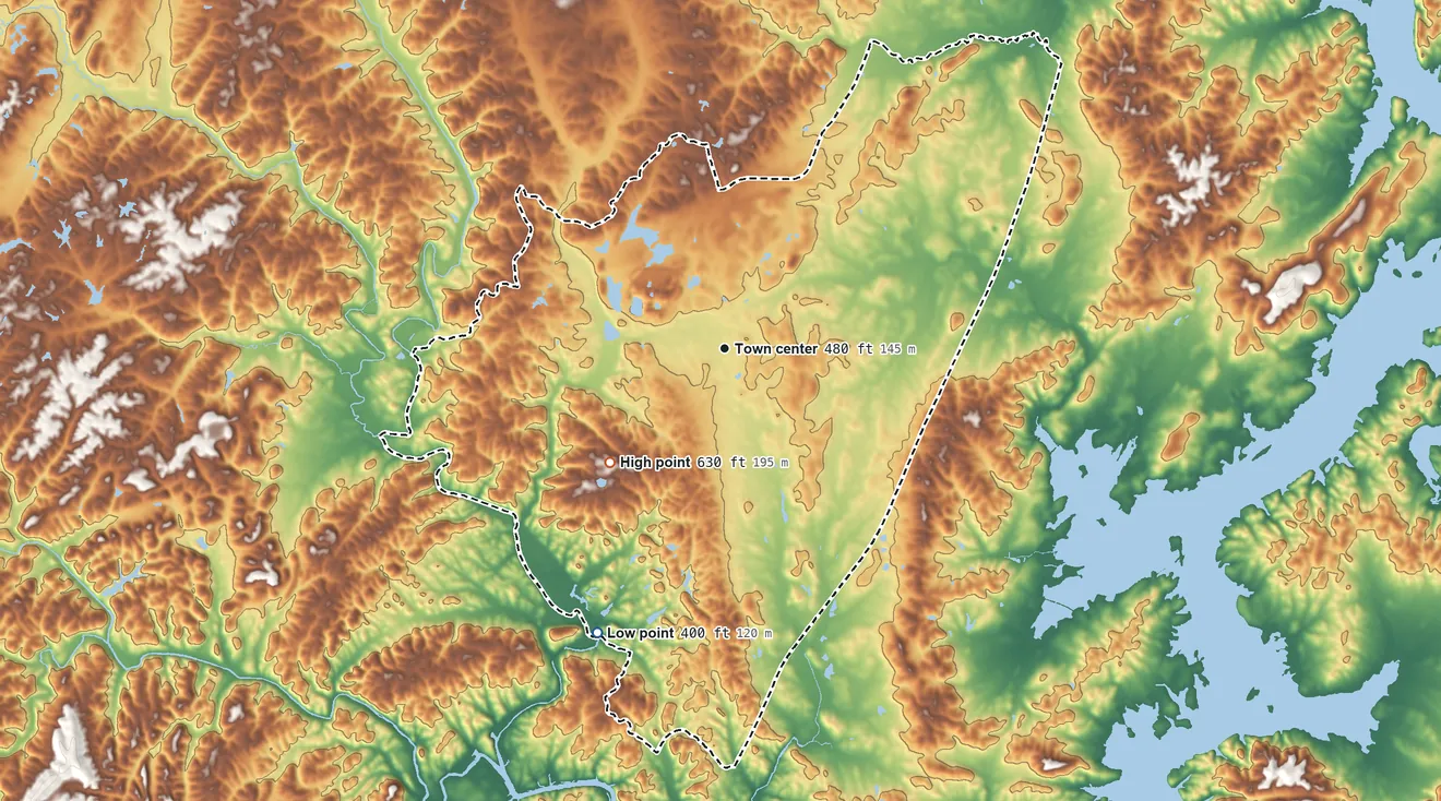 Topographic elevation map of Shelby, Alabama, shaded from 400 ft on the southwest side to 630 ft on the southwest side