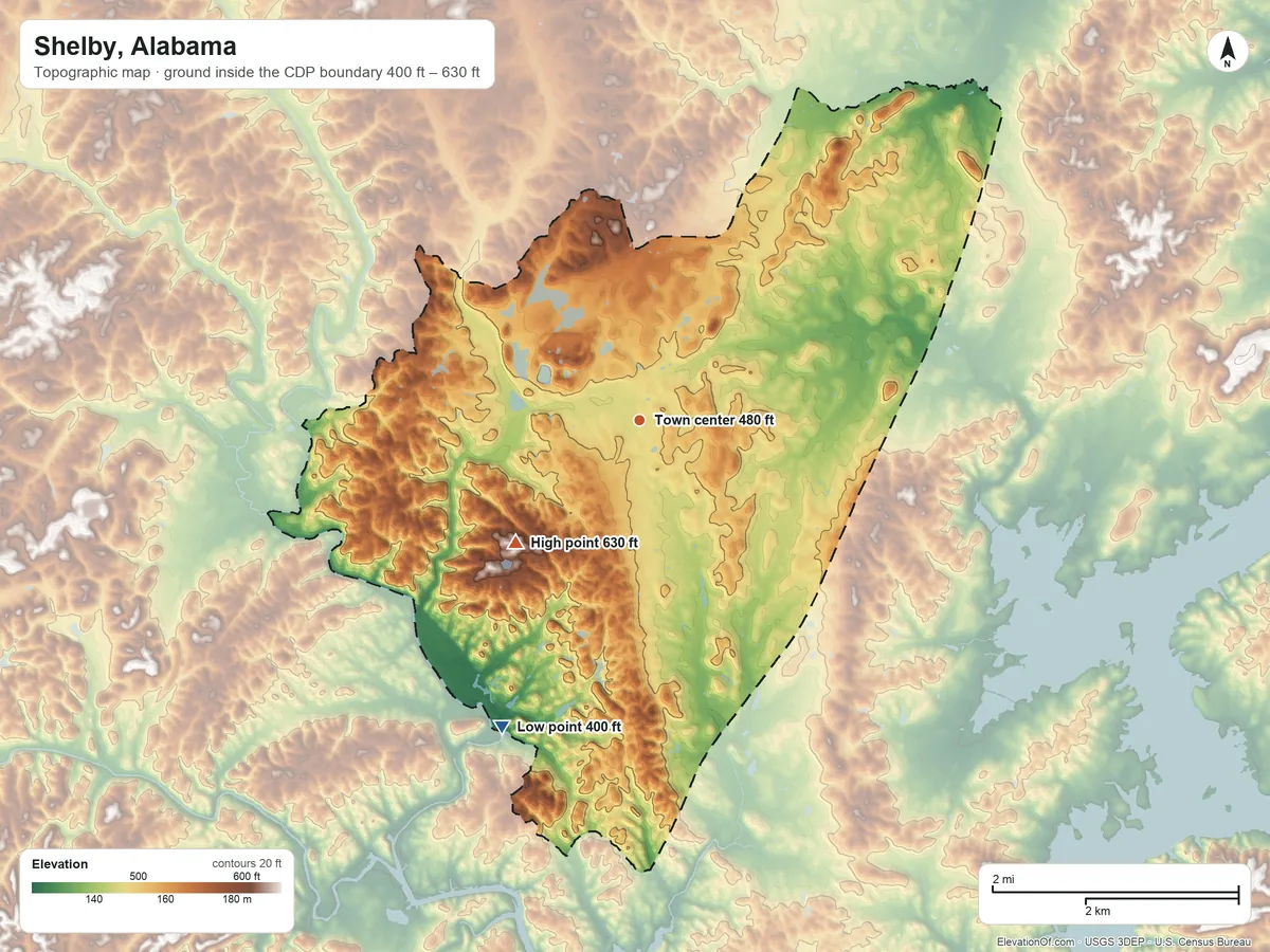 Topographic elevation map of Shelby, Alabama, shaded from 400 ft on the southwest side to 630 ft on the southwest side