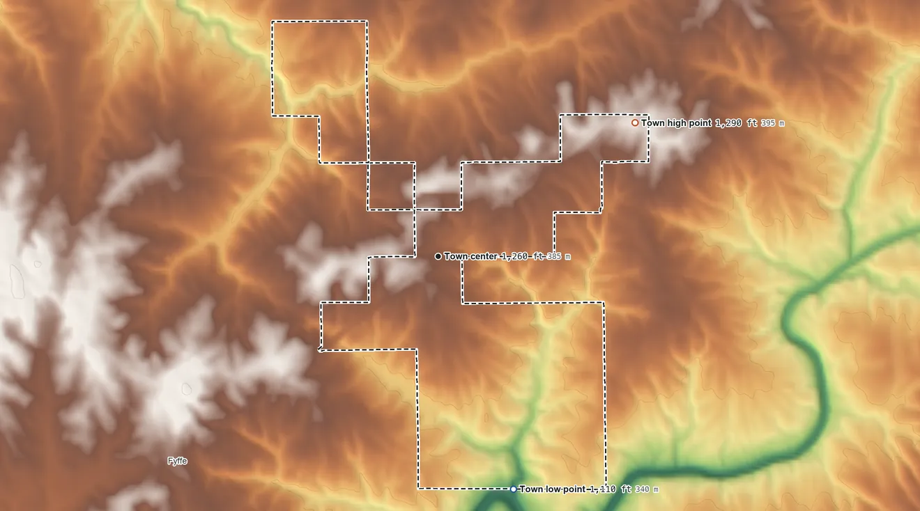 Topographic elevation map of Shiloh, Alabama, shaded from 1,110 ft on the south side to 1,290 ft on the northeast side