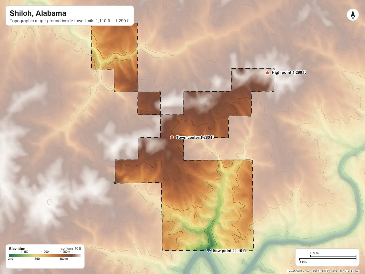 Topographic elevation map of Shiloh, Alabama, shaded from 1,110 ft on the south side to 1,290 ft on the northeast side