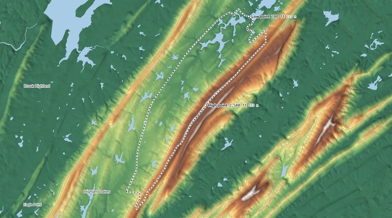 Topographic elevation map of Shoal Creek, Alabama, shaded from 700 ft on the northeast side to 1,500 ft on the southeast side