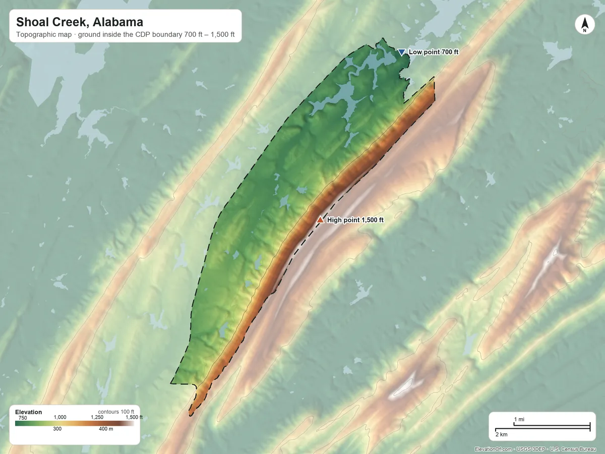 Topographic elevation map of Shoal Creek, Alabama, shaded from 700 ft on the northeast side to 1,500 ft on the southeast side