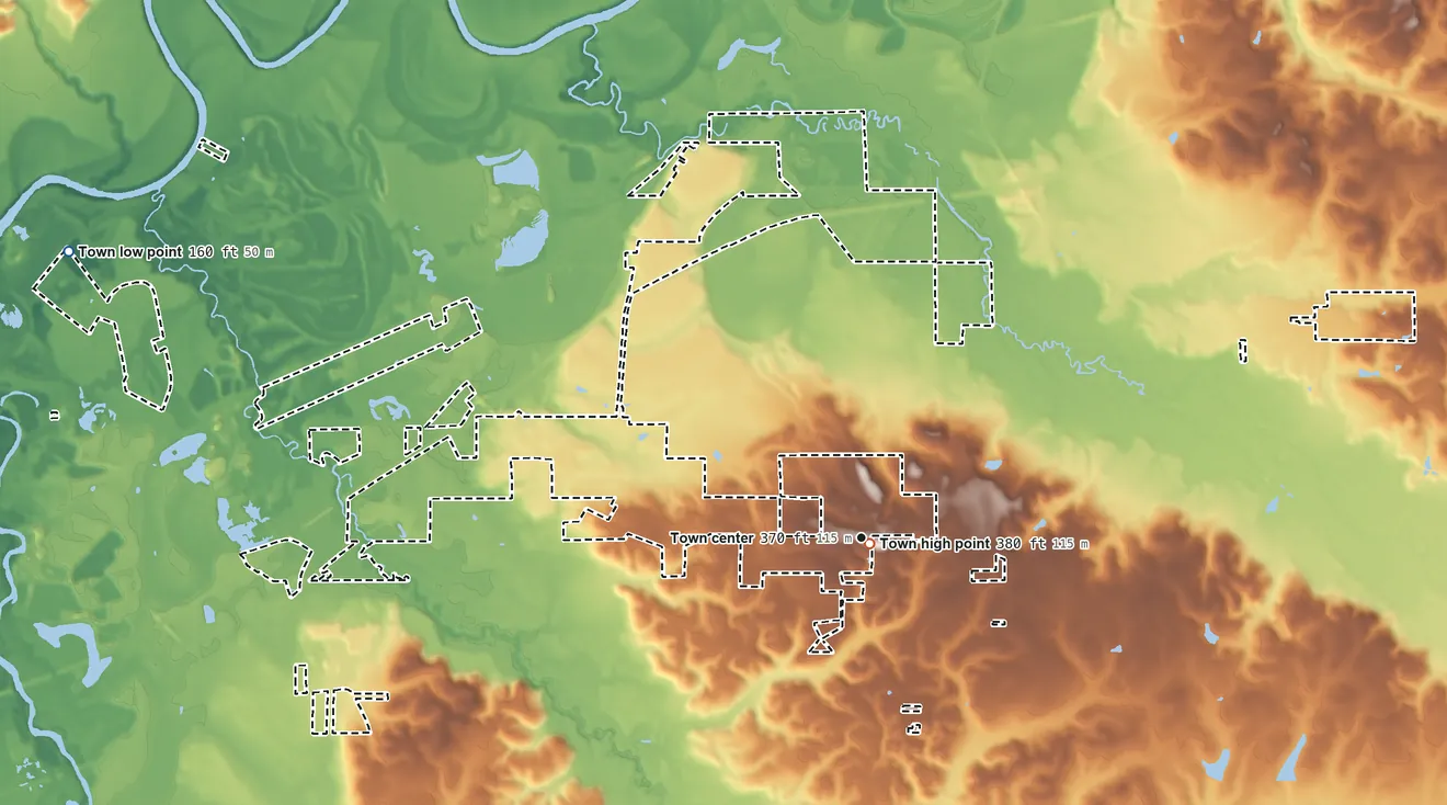 Topographic elevation map of Shorter, Alabama, shaded from 160 ft on the west side to 380 ft near the middle