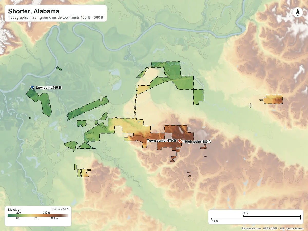 Topographic elevation map of Shorter, Alabama, shaded from 160 ft on the west side to 380 ft near the middle