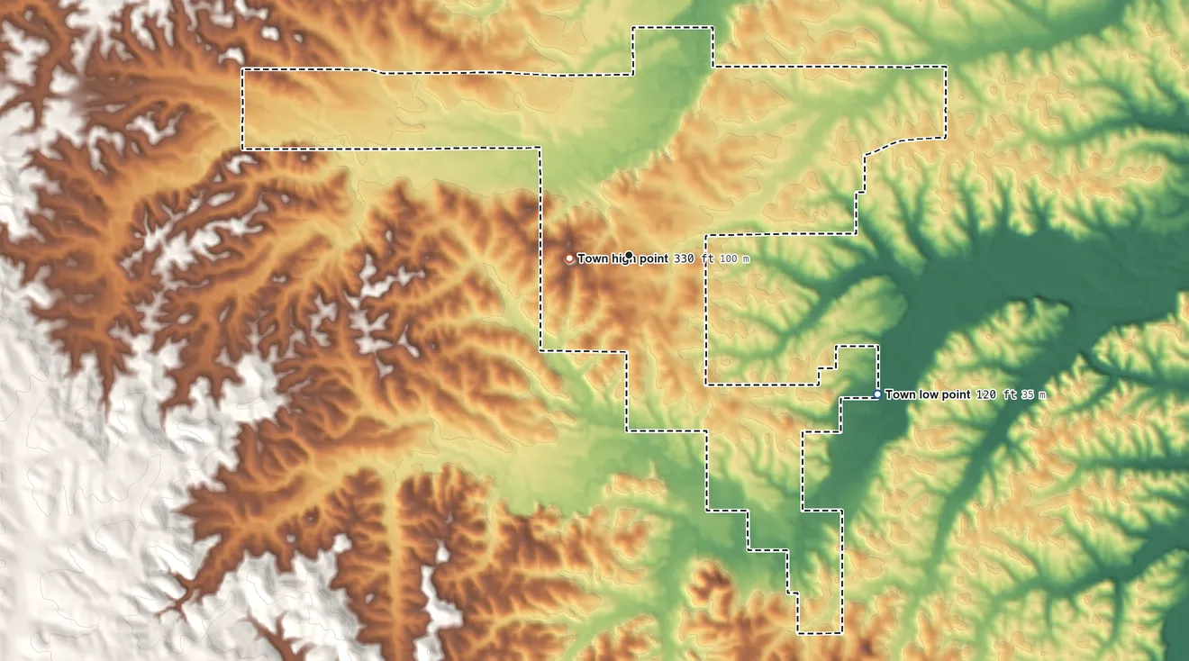 Topographic elevation map of Silas, Alabama, shaded from 120 ft on the southeast side to 330 ft near the middle