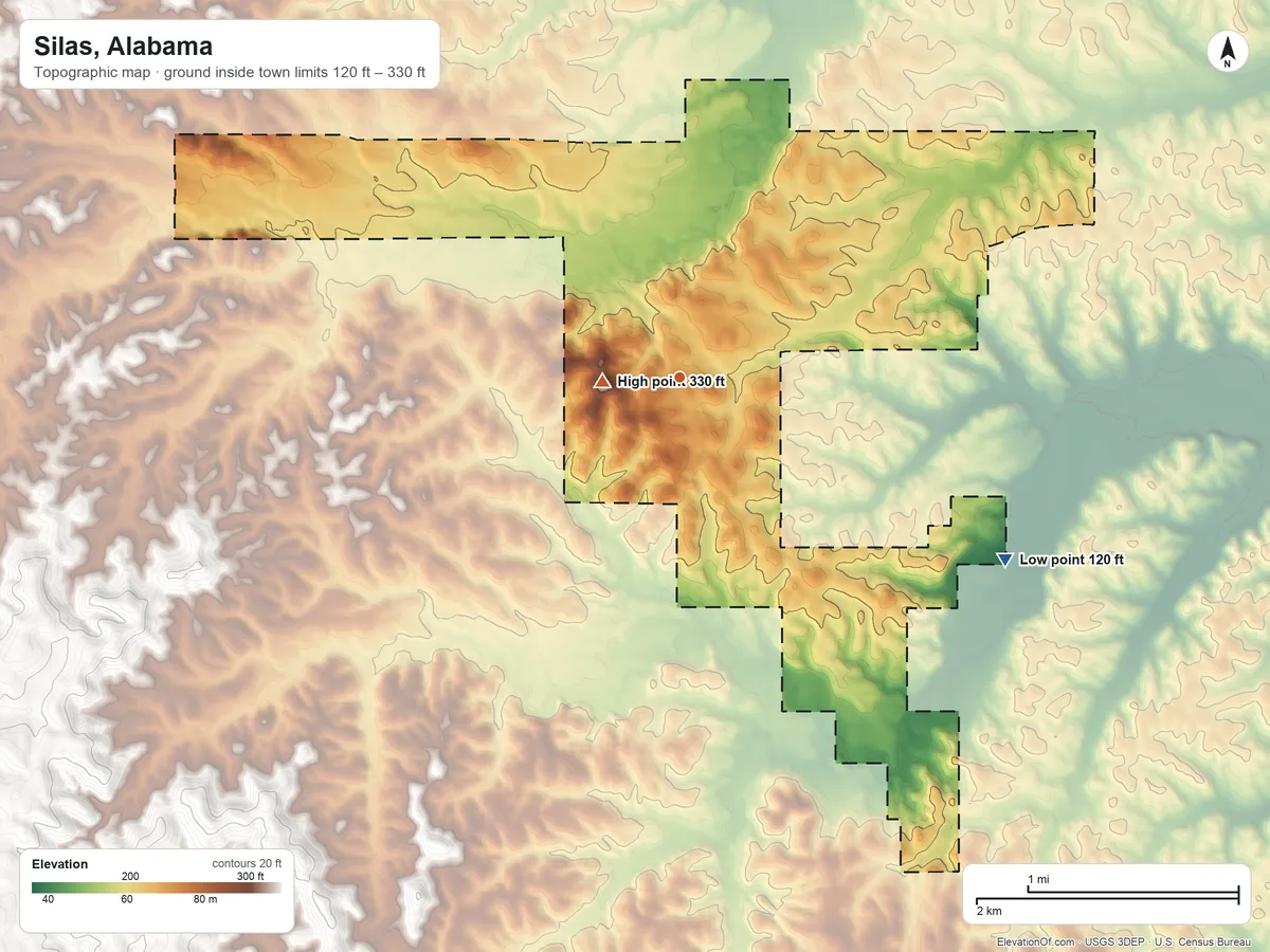 Topographic elevation map of Silas, Alabama, shaded from 120 ft on the southeast side to 330 ft near the middle