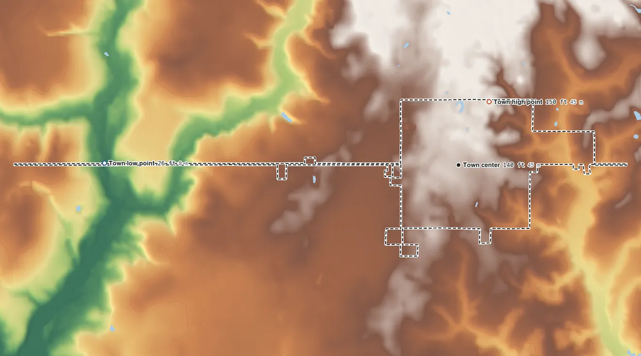 Topographic elevation map of Silverhill, Alabama, shaded from 26 ft on the west side to 150 ft on the northeast side