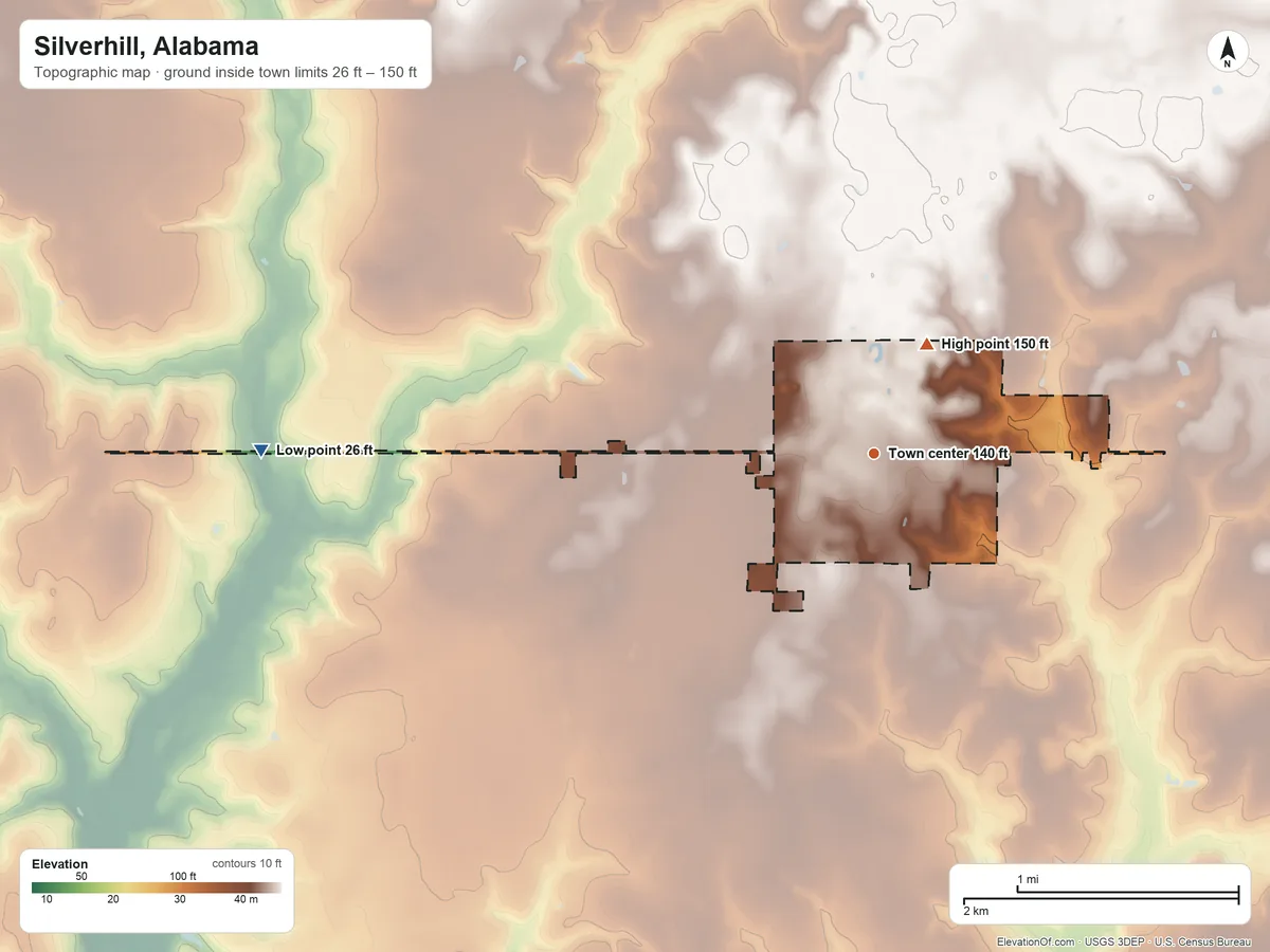 Topographic elevation map of Silverhill, Alabama, shaded from 26 ft on the west side to 150 ft on the northeast side