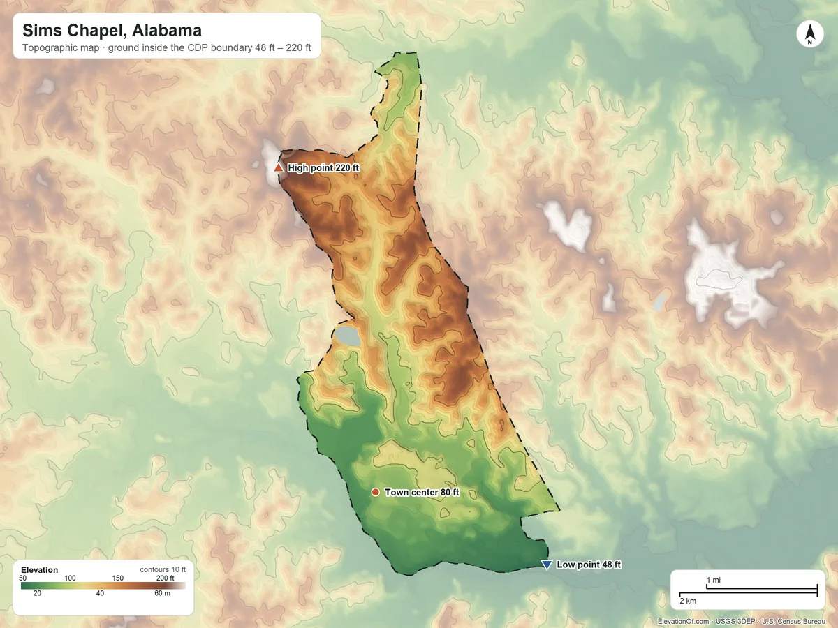 Topographic elevation map of Sims Chapel, Alabama, shaded from 48 ft on the southeast side to 220 ft on the north side