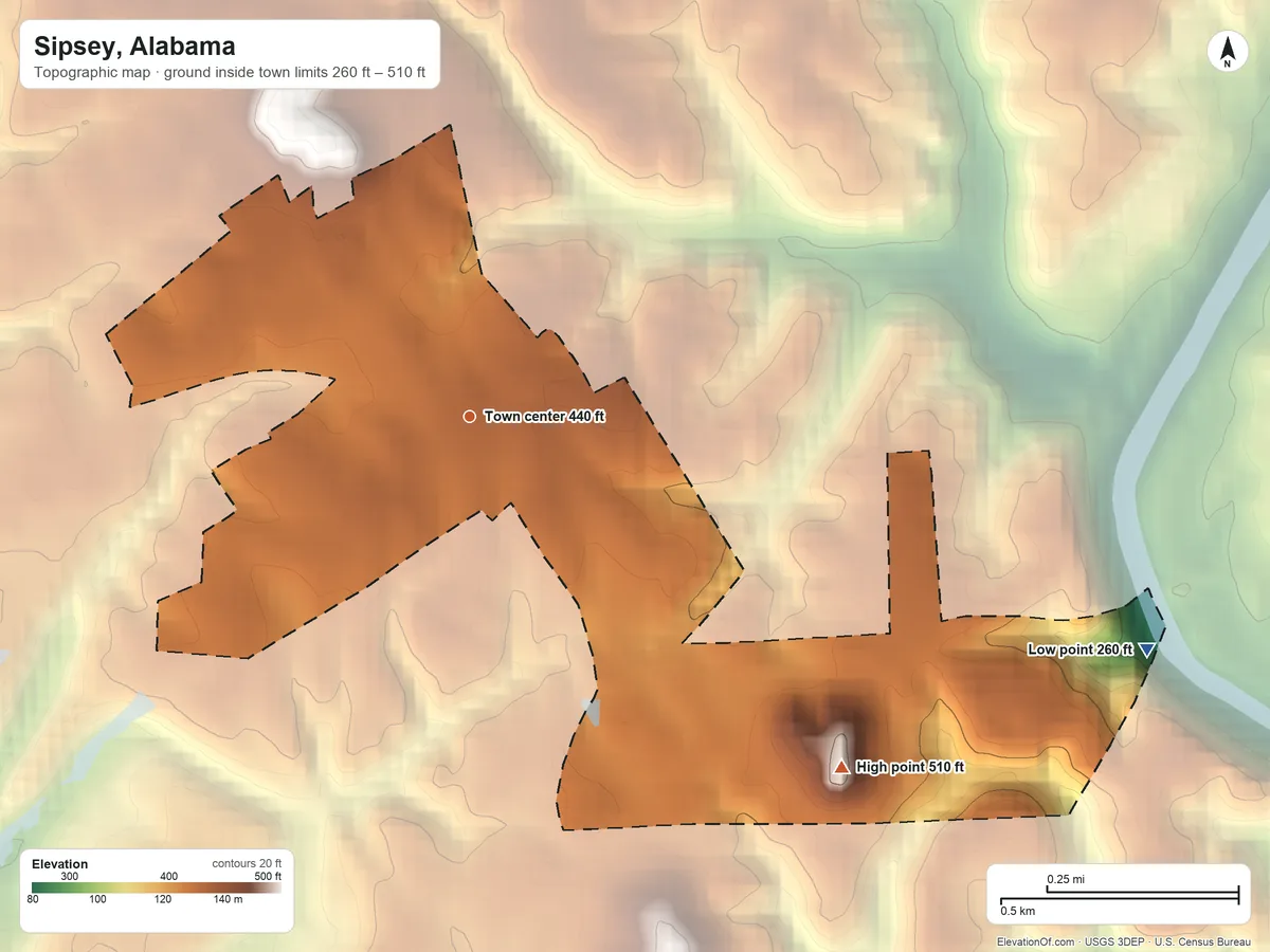 Topographic elevation map of Sipsey, Alabama, shaded from 260 ft on the east side to 510 ft on the southeast side