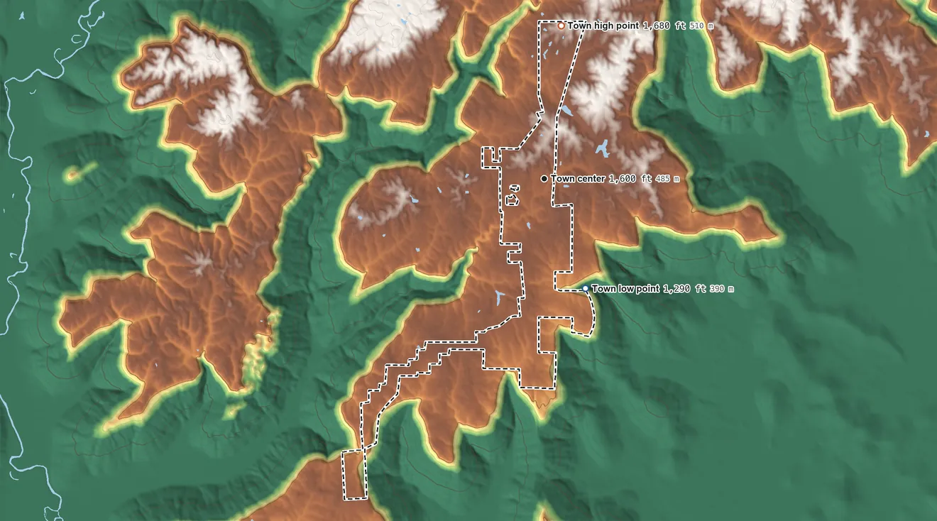 Topographic elevation map of Skyline, Alabama, shaded from 1,290 ft on the south side to 1,680 ft on the north side
