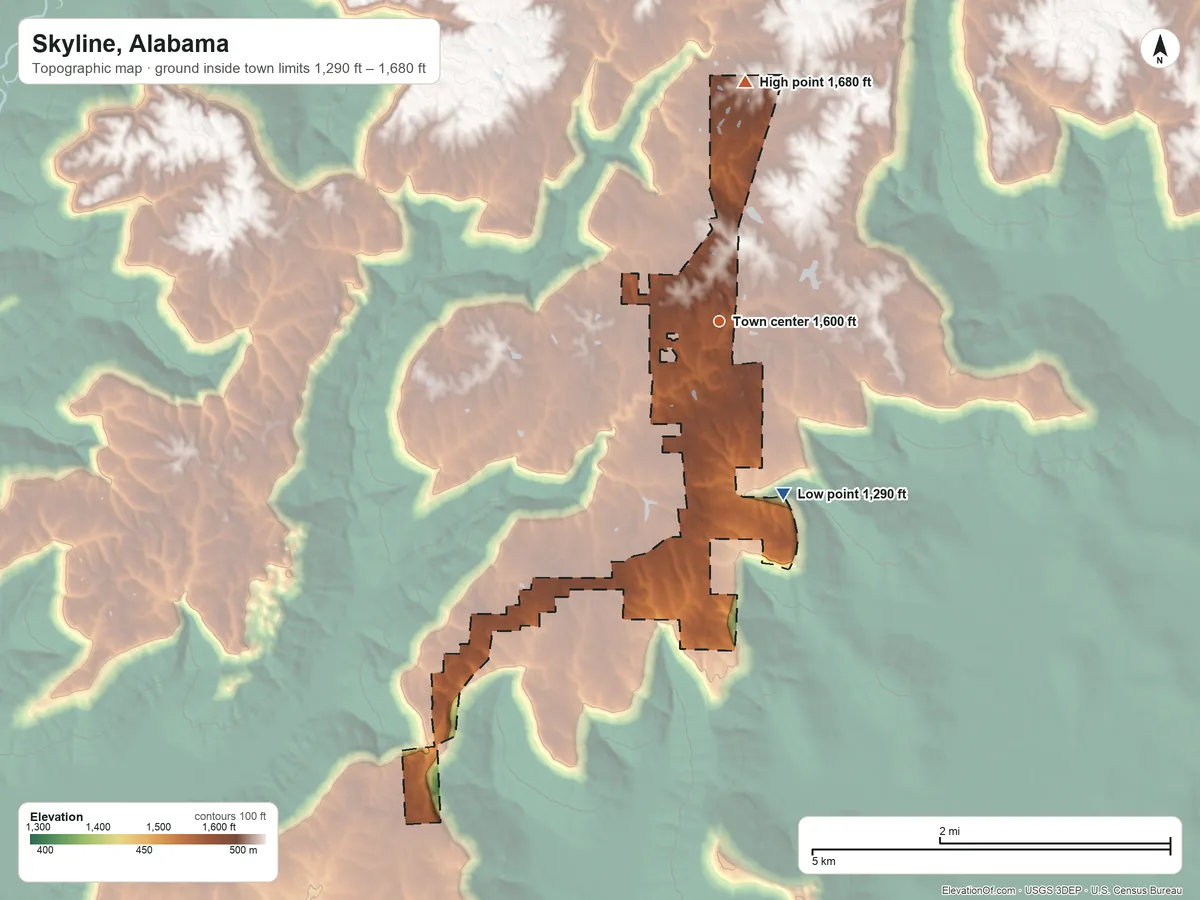 Topographic elevation map of Skyline, Alabama, shaded from 1,290 ft on the south side to 1,680 ft on the north side