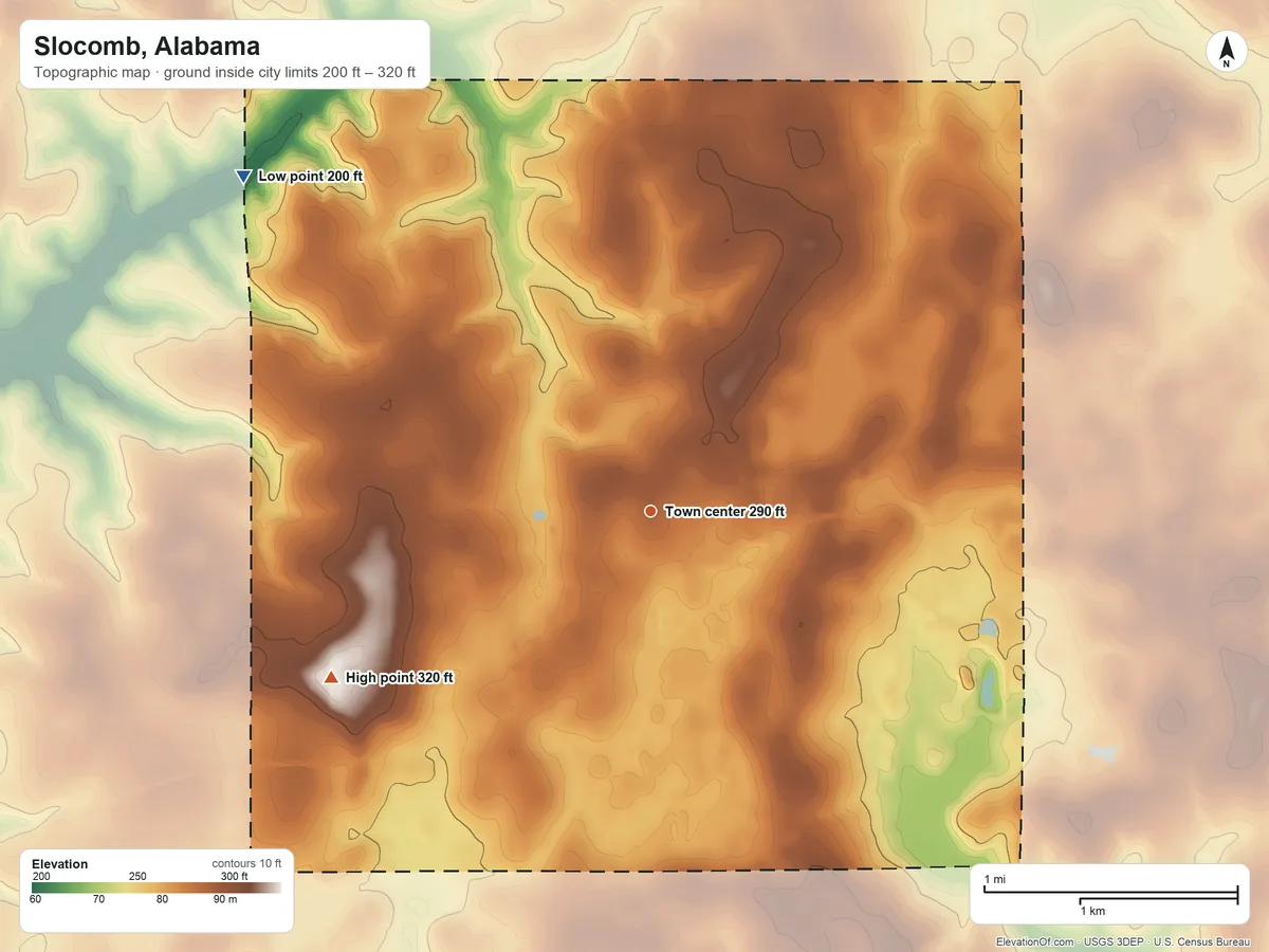 Topographic elevation map of Slocomb, Alabama, shaded from 200 ft on the northwest side to 320 ft on the southwest side