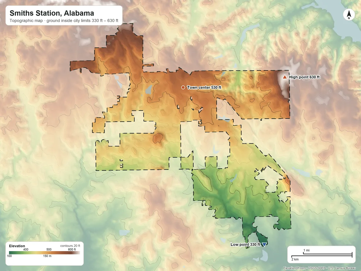 Topographic elevation map of Smiths Station, Alabama, shaded from 330 ft on the southeast side to 630 ft on the east side