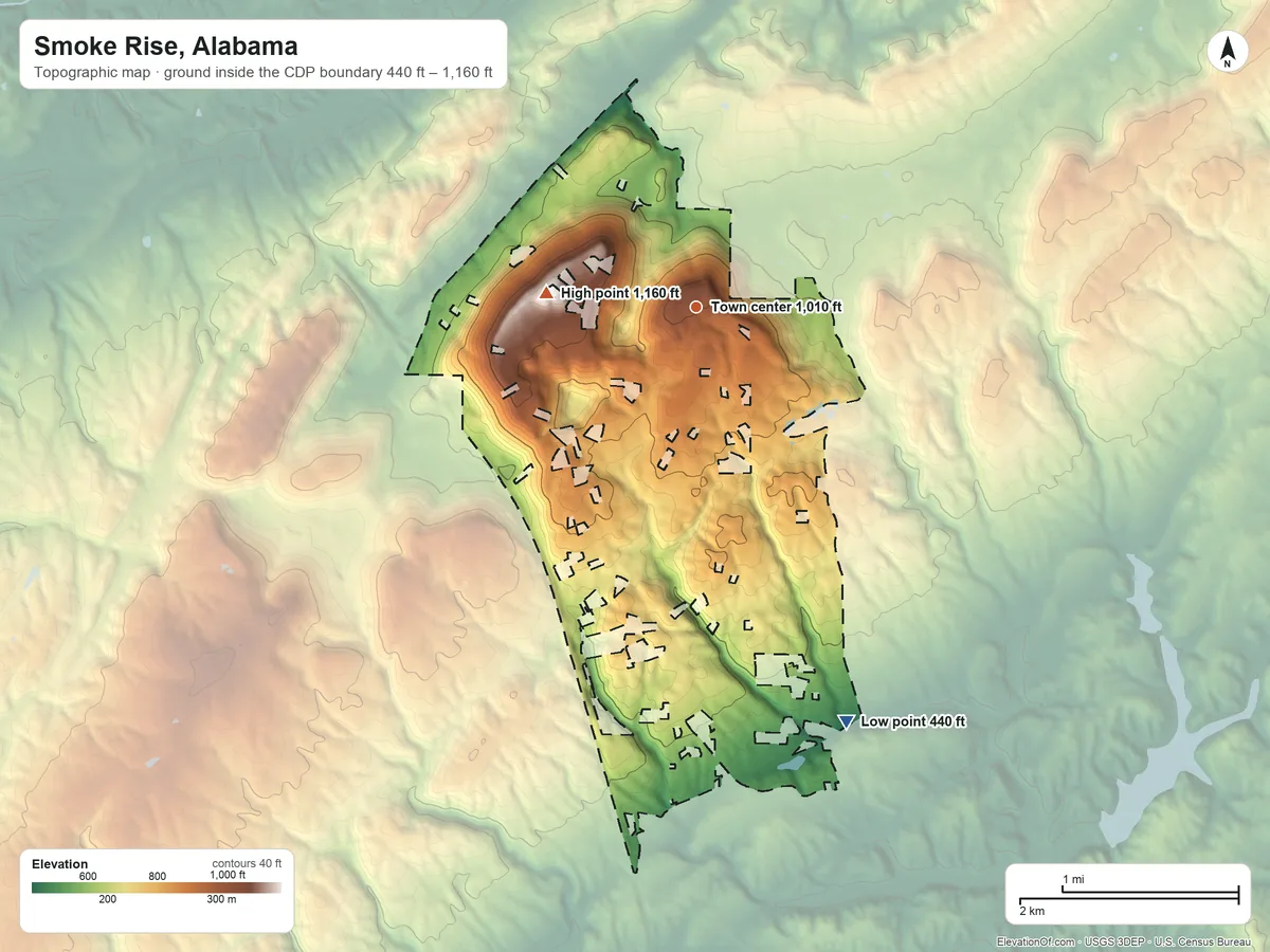 Topographic elevation map of Smoke Rise, Alabama, shaded from 440 ft on the south side to 1,160 ft on Bryant Mountain