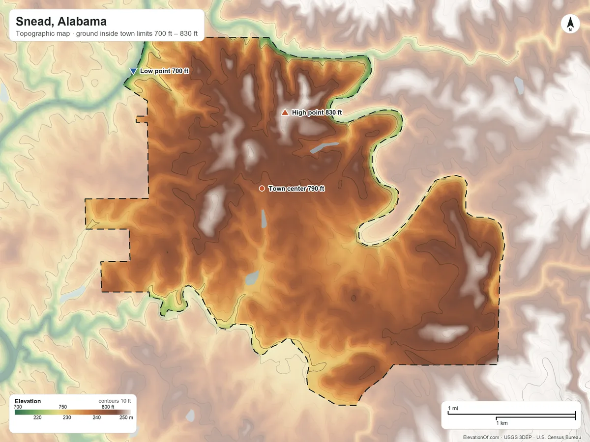 Topographic elevation map of Snead, Alabama, shaded from 700 ft on the northwest side to 830 ft on the north side