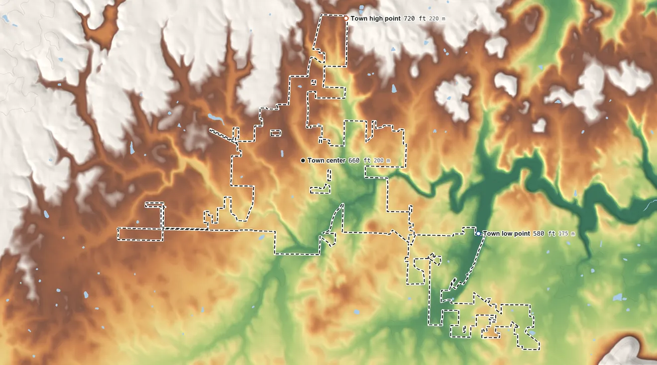 Topographic elevation map of Somerville, Alabama, shaded from 580 ft on the southeast side to 720 ft on the north side