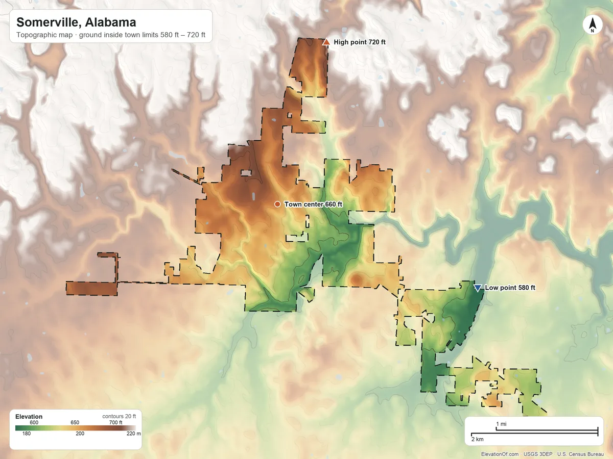 Topographic elevation map of Somerville, Alabama, shaded from 580 ft on the southeast side to 720 ft on the north side