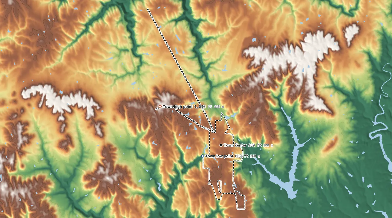Topographic elevation map of South Vinemont, Alabama, shaded from 860 ft near the middle to 1,040 ft on the northwest side