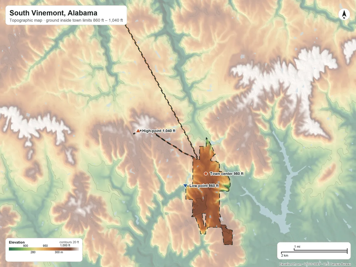 Topographic elevation map of South Vinemont, Alabama, shaded from 860 ft near the middle to 1,040 ft on the northwest side
