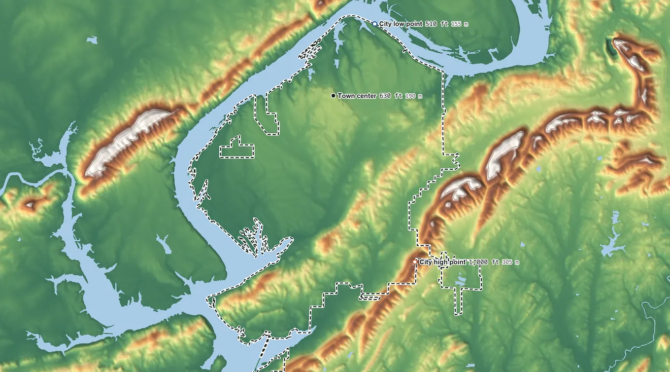 Topographic elevation map of Southside, Alabama, shaded from 510 ft on the northeast side to 1,000 ft on the southeast side