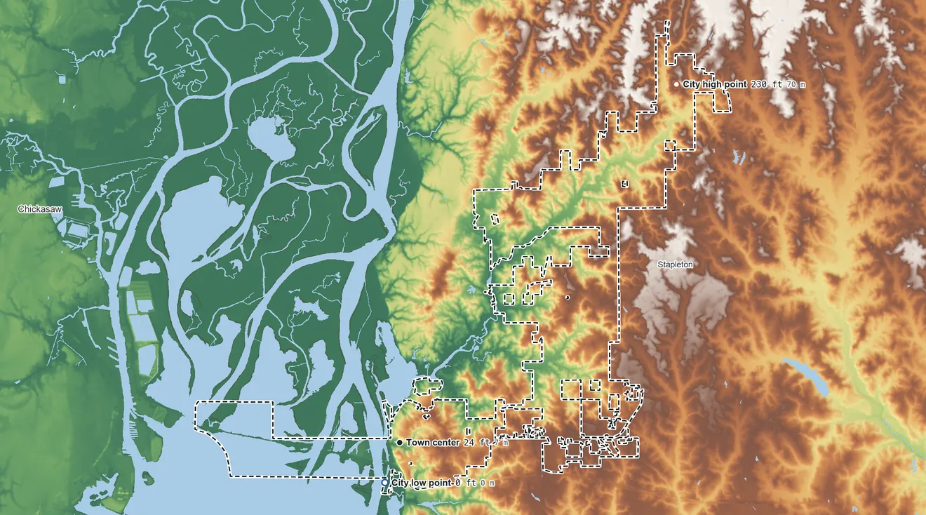 Topographic elevation map of Spanish Fort, Alabama, shaded from sea level level on D'Olive Bay to 230 ft on the northeast side