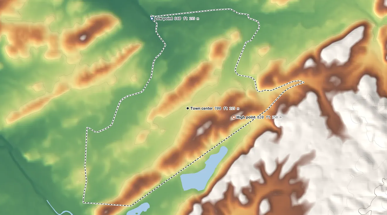 Topographic elevation map of Spring Garden, Alabama, shaded from 640 ft on the north side to 820 ft on the east edge, below higher ground just outside