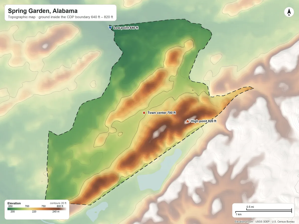 Topographic elevation map of Spring Garden, Alabama, shaded from 640 ft on the north side to 820 ft on the east edge, below higher ground just outside
