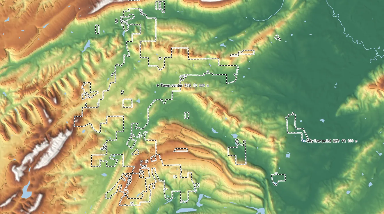 Topographic elevation map of Springville, Alabama, shaded from 620 ft on the east side to 1,330 ft on the north side