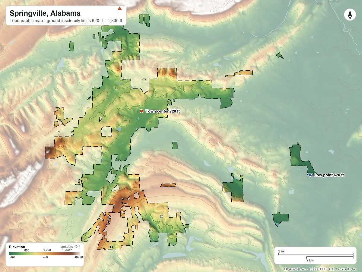 Topographic elevation map of Springville, Alabama, shaded from 620 ft on the east side to 1,330 ft on the north side