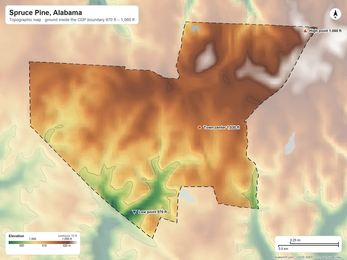 Topographic elevation map of Spruce Pine, Alabama, shaded from 970 ft on the southwest side to 1,060 ft on the northeast side