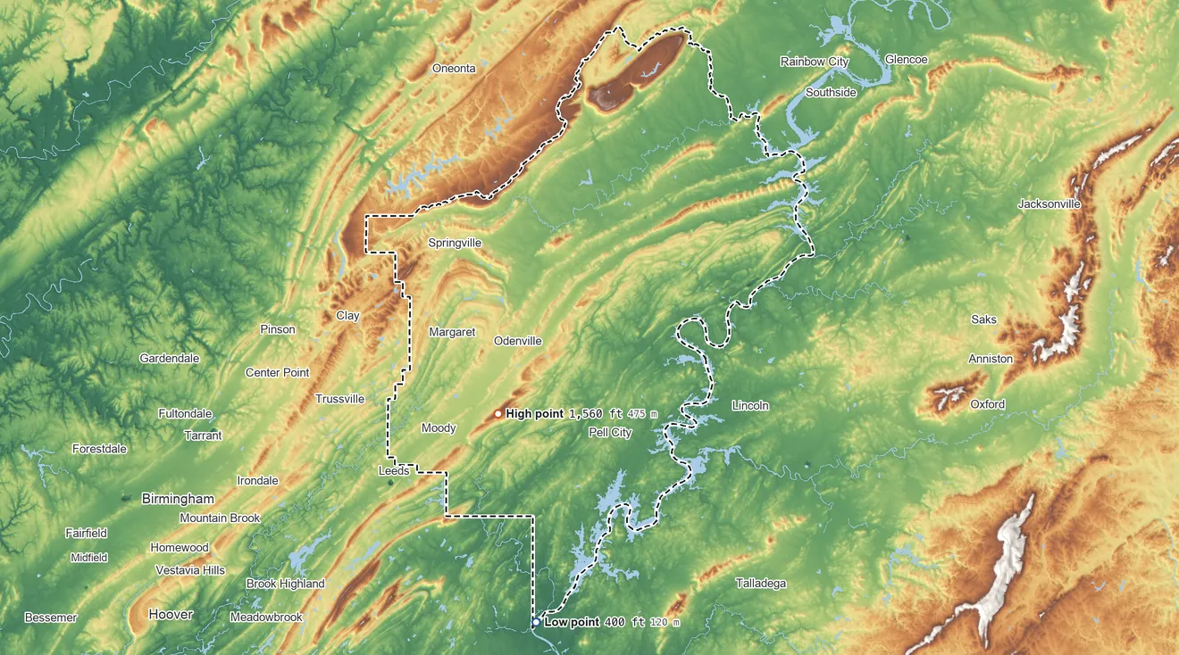 Topographic elevation map of St. Clair County, Alabama, shaded from 400 ft on the south side to 1,560 ft on Bald Rock Mountain