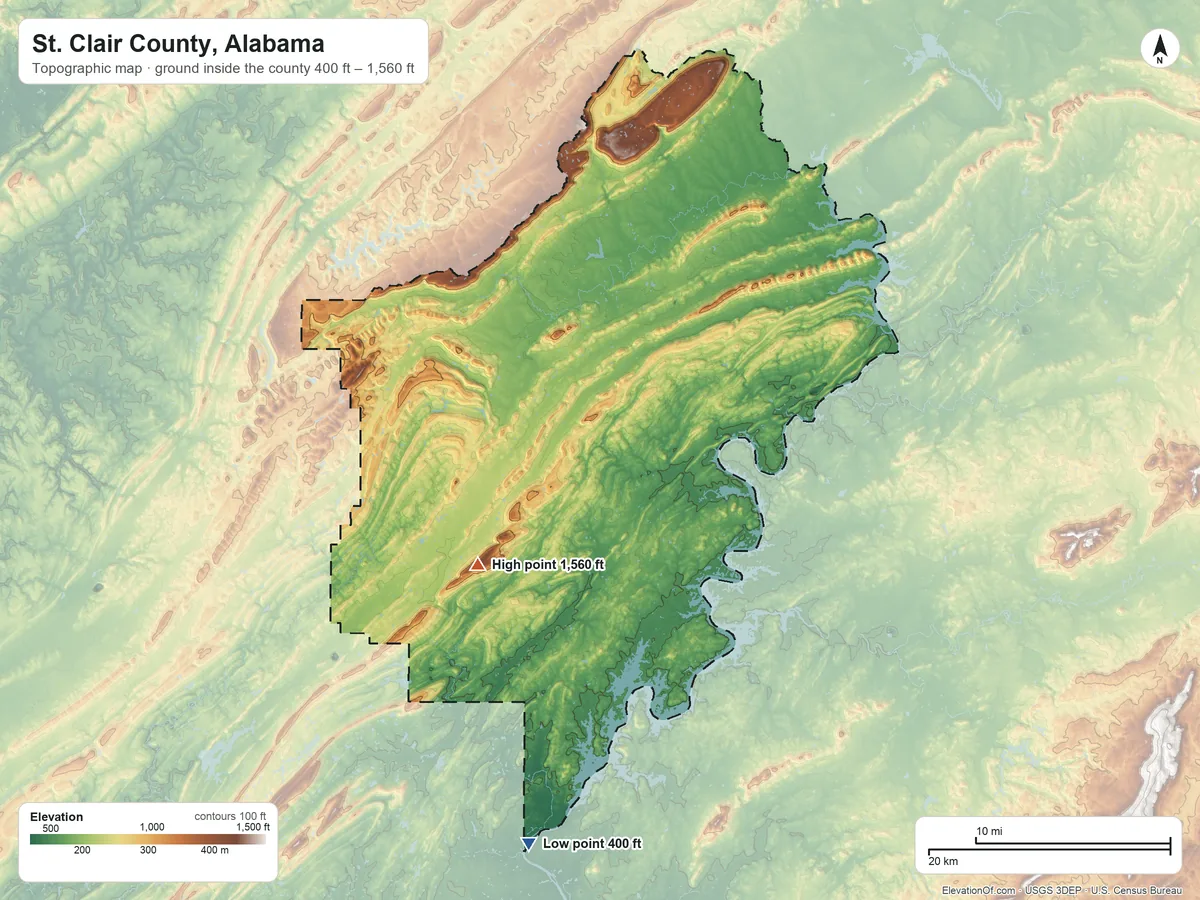 Topographic elevation map of St. Clair County, Alabama, shaded from 400 ft on the south side to 1,560 ft on Bald Rock Mountain